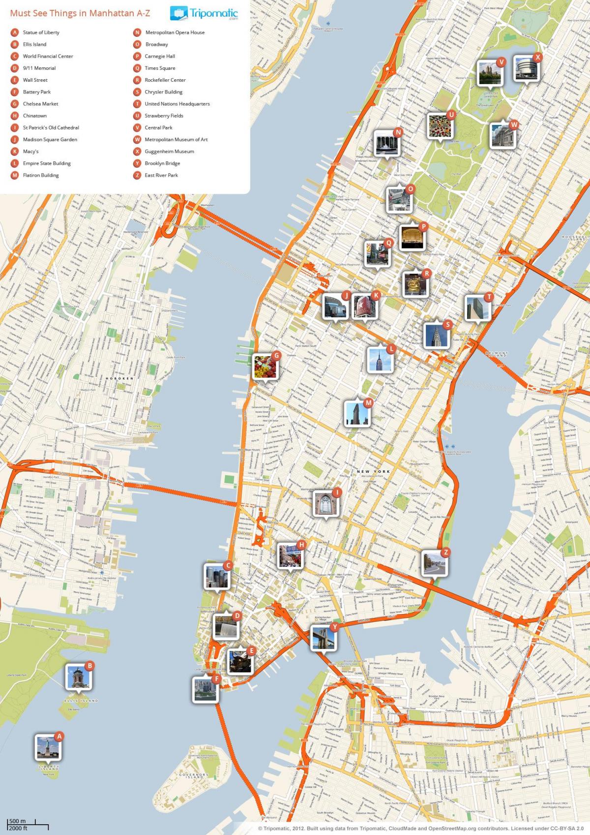 zemljevid Manhattan, ki prikazuje turističnih znamenitosti.