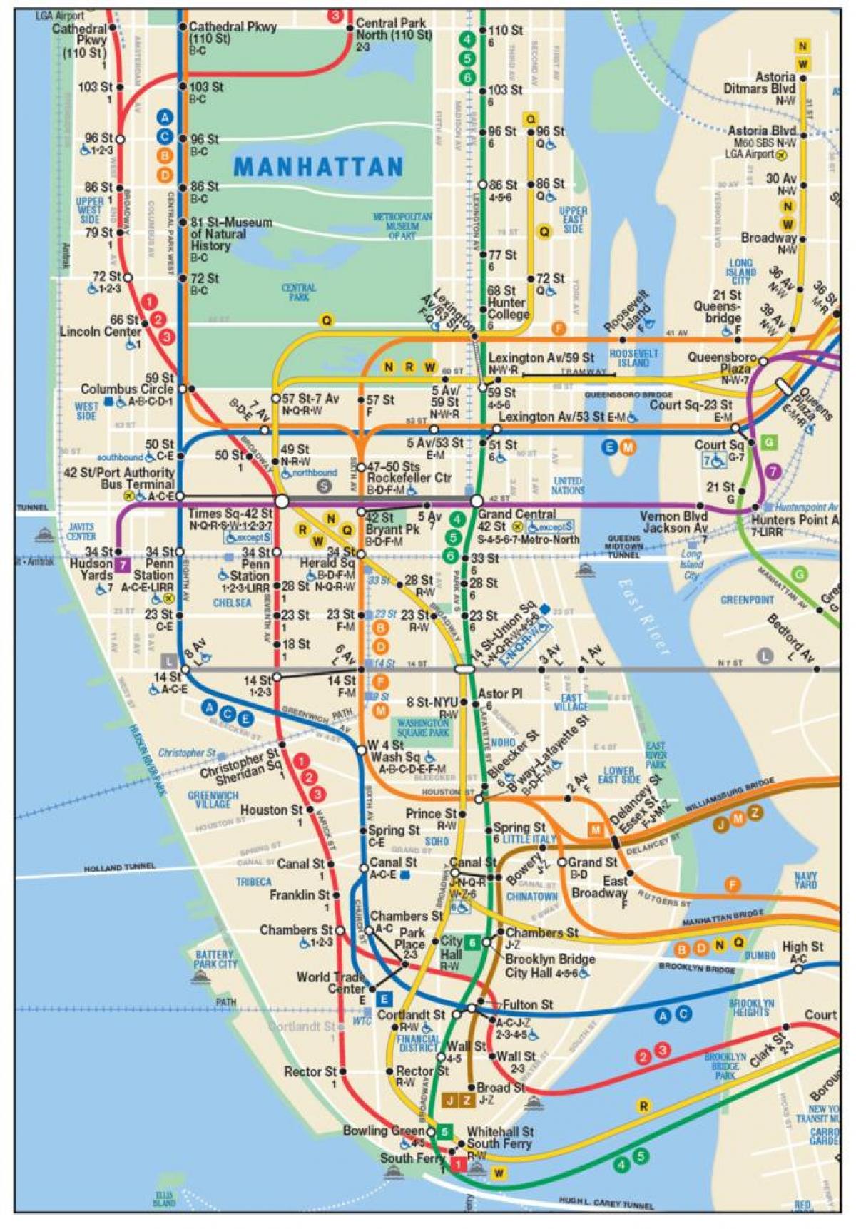 zemljevid spodnji Manhattan podzemne železnice