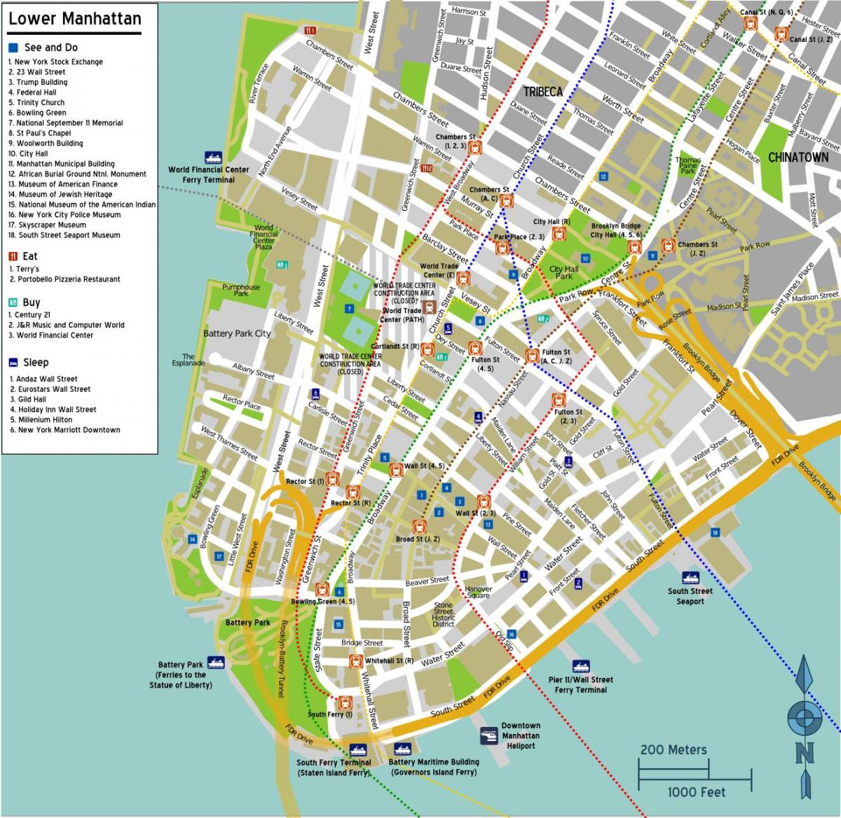 zemljevid spodnji Manhattan z imeni ulic